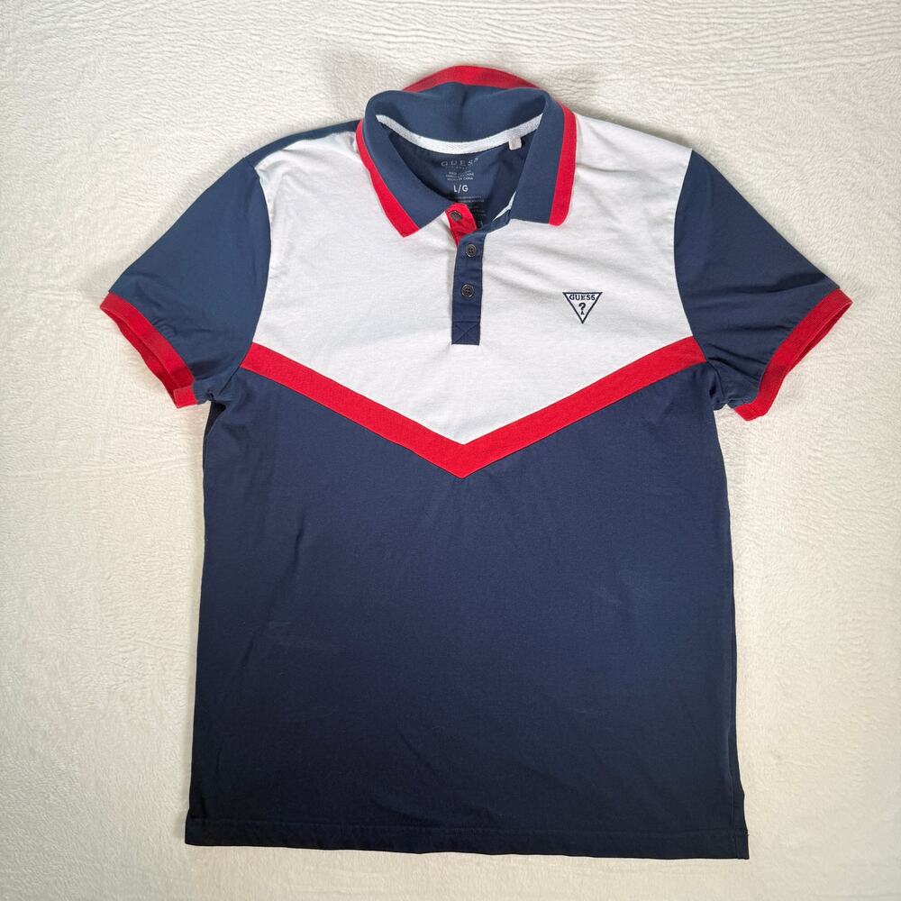 Vintage Guess‎ LA Men's Polo White, Blue and Red. Retro Large